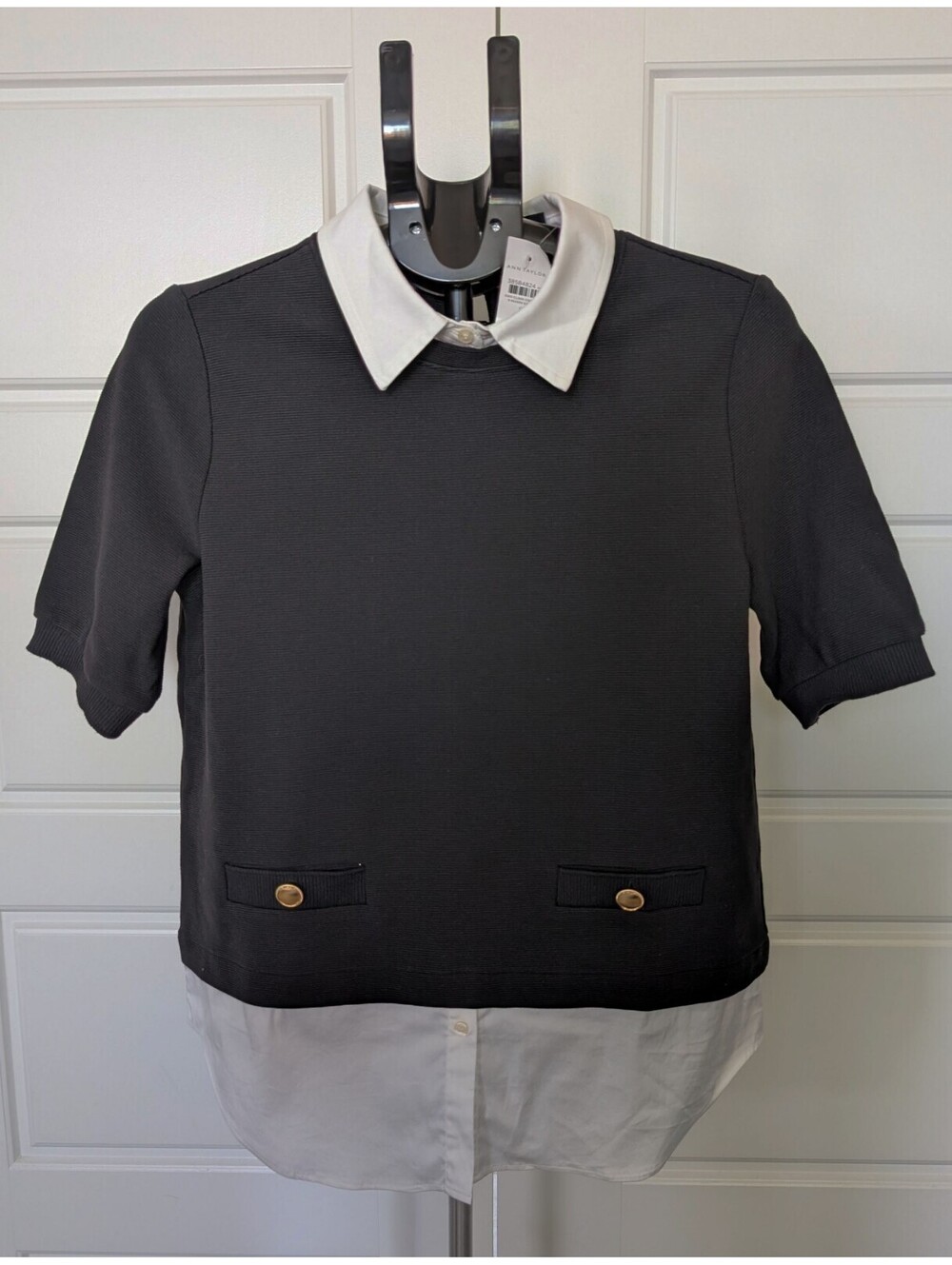 Workwear Chic Ann Taylor Mixed Media Layered Collar Top Black S NWT
